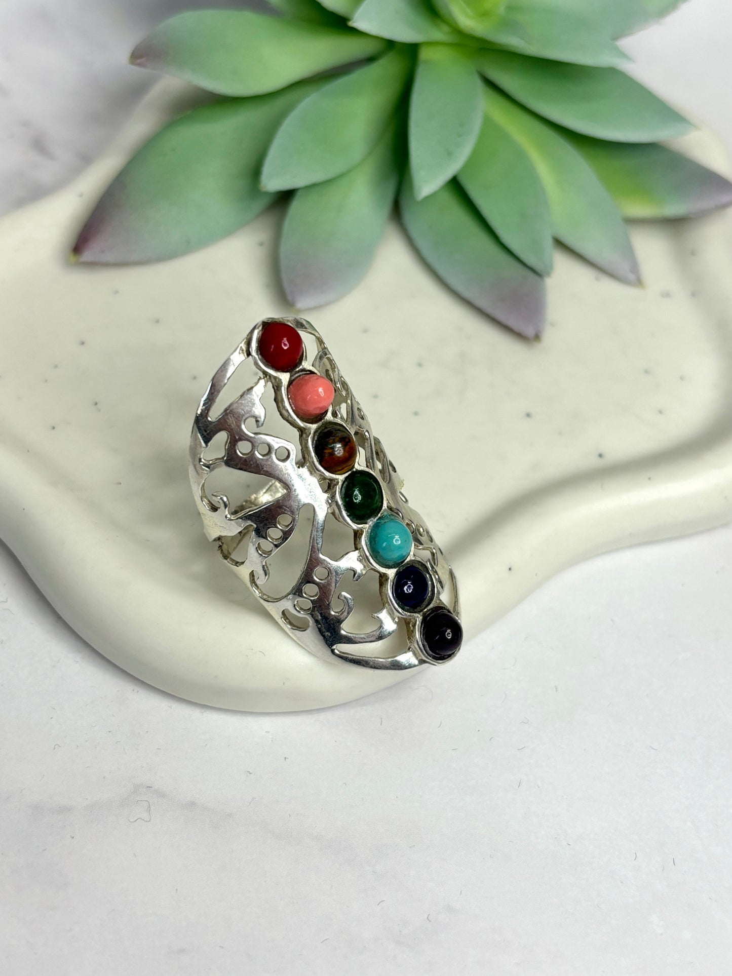 925 Sterling Silver 7 Chakra Ring – Natural Gemstones, Long Healing Ring, Anillo de plata 925 7 chakras