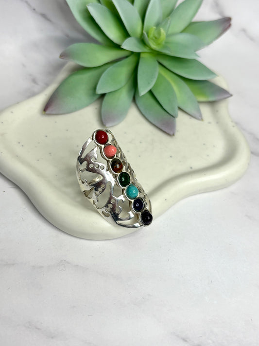 925 Sterling Silver 7 Chakra Ring – Natural Gemstones, Long Healing Ring, Anillo de plata 925 7 chakras