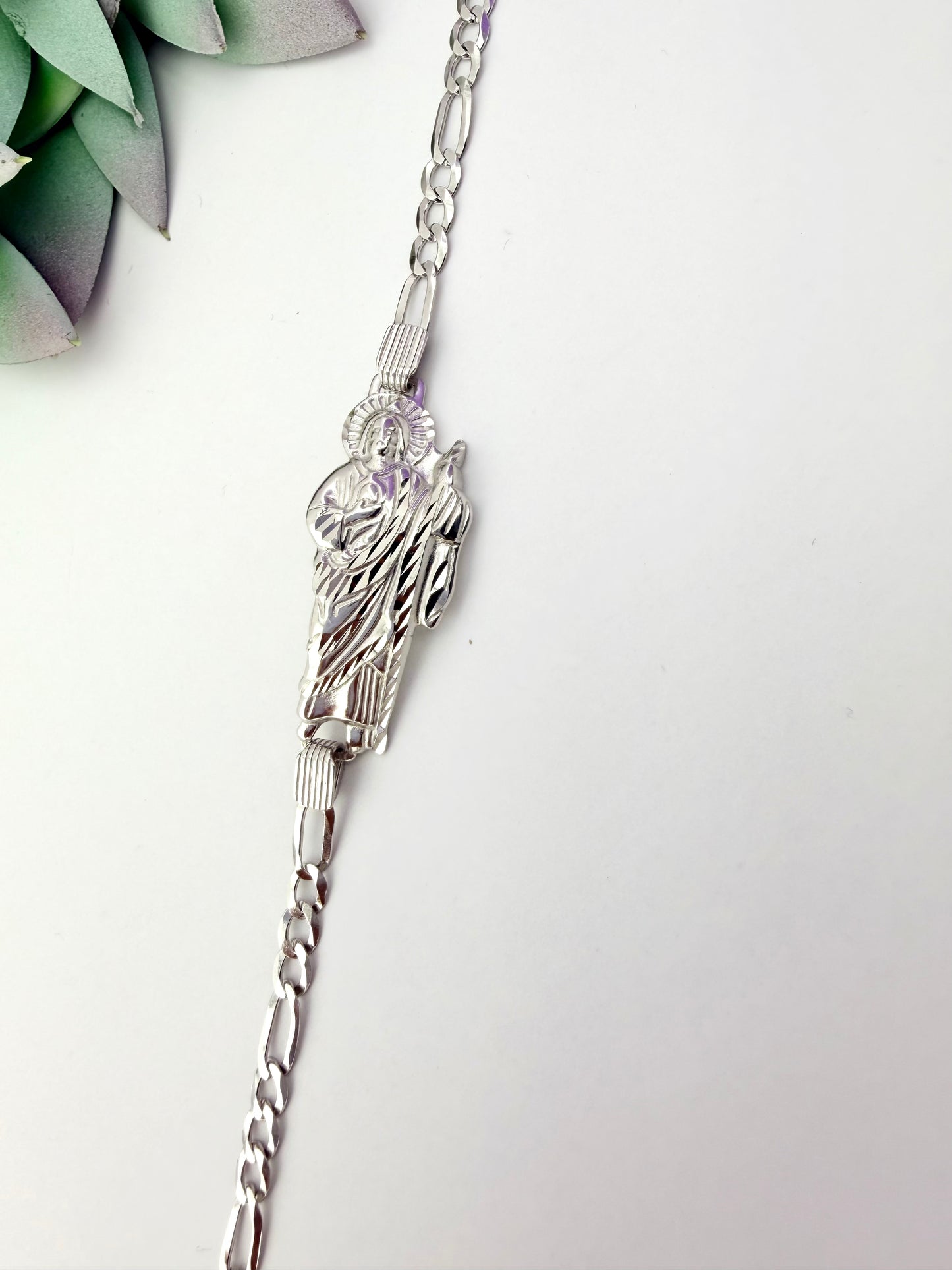 Silver 925 St Jude bracelet 8” | Sterling silver figaro bracelet