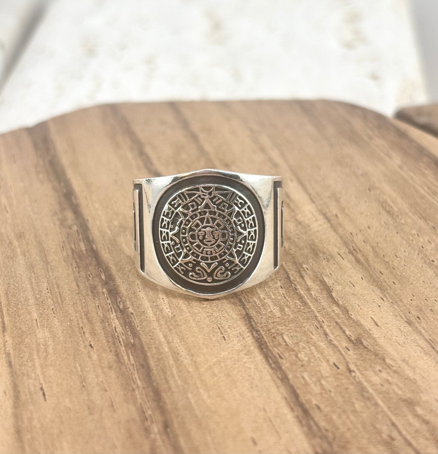 Aztec Calendar Ring 925 Sterling Silver | Mexican Aztec Sun Ring