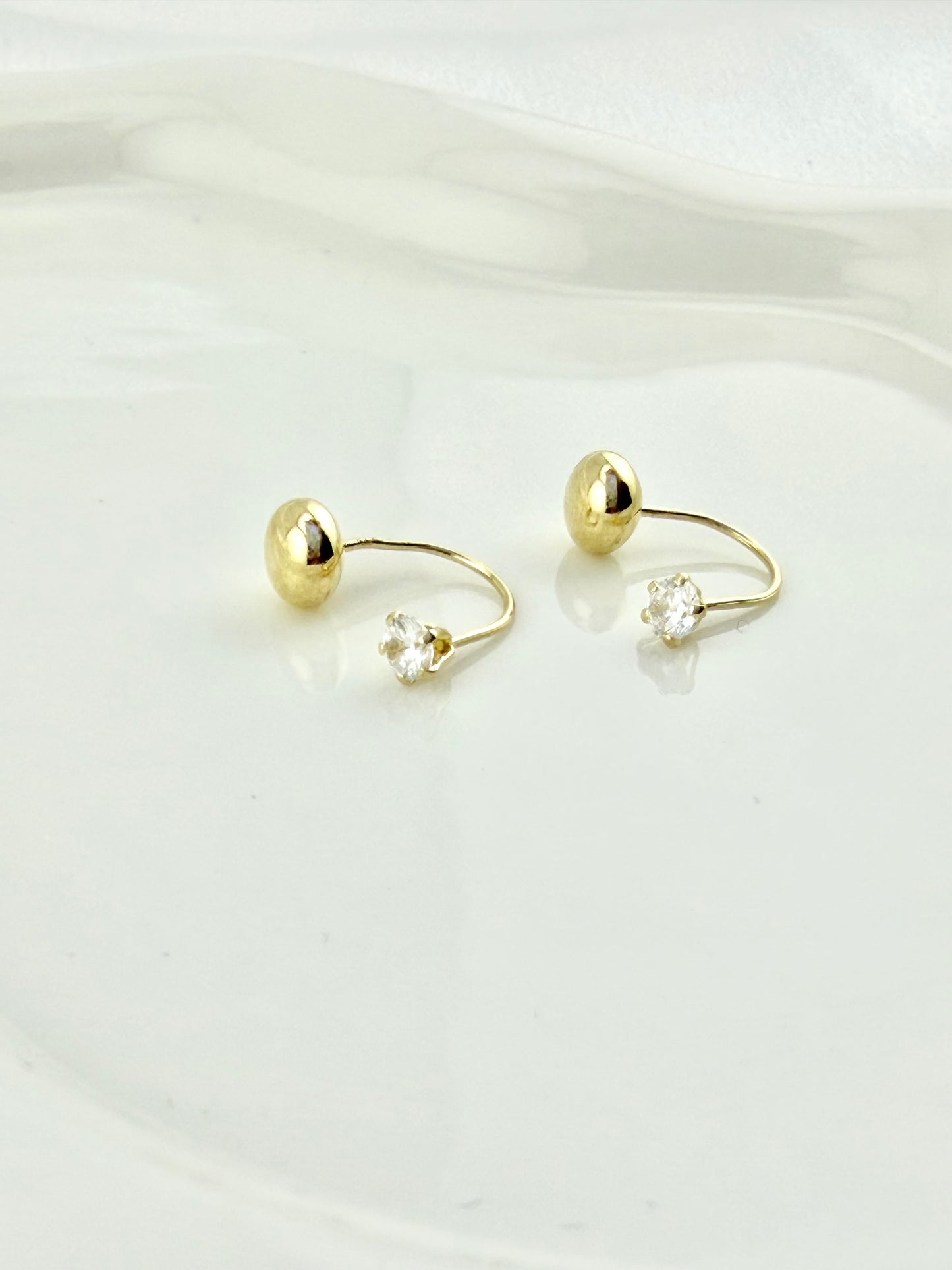 10K Solid Gold Curved Stud Earrings – Telephone Style Earrings with CZ Accent | Elegant Everyday Gold Earrings for Women