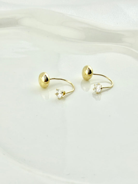 10K Solid Gold Curved Stud Earrings – Telephone Style Earrings with CZ Accent | Elegant Everyday Gold Earrings for Women