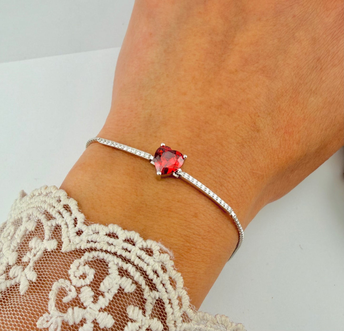925 Sterling Silver Adjustable Heart Bracelet with Red CZ – Valentine’s Day Jewelry Gift