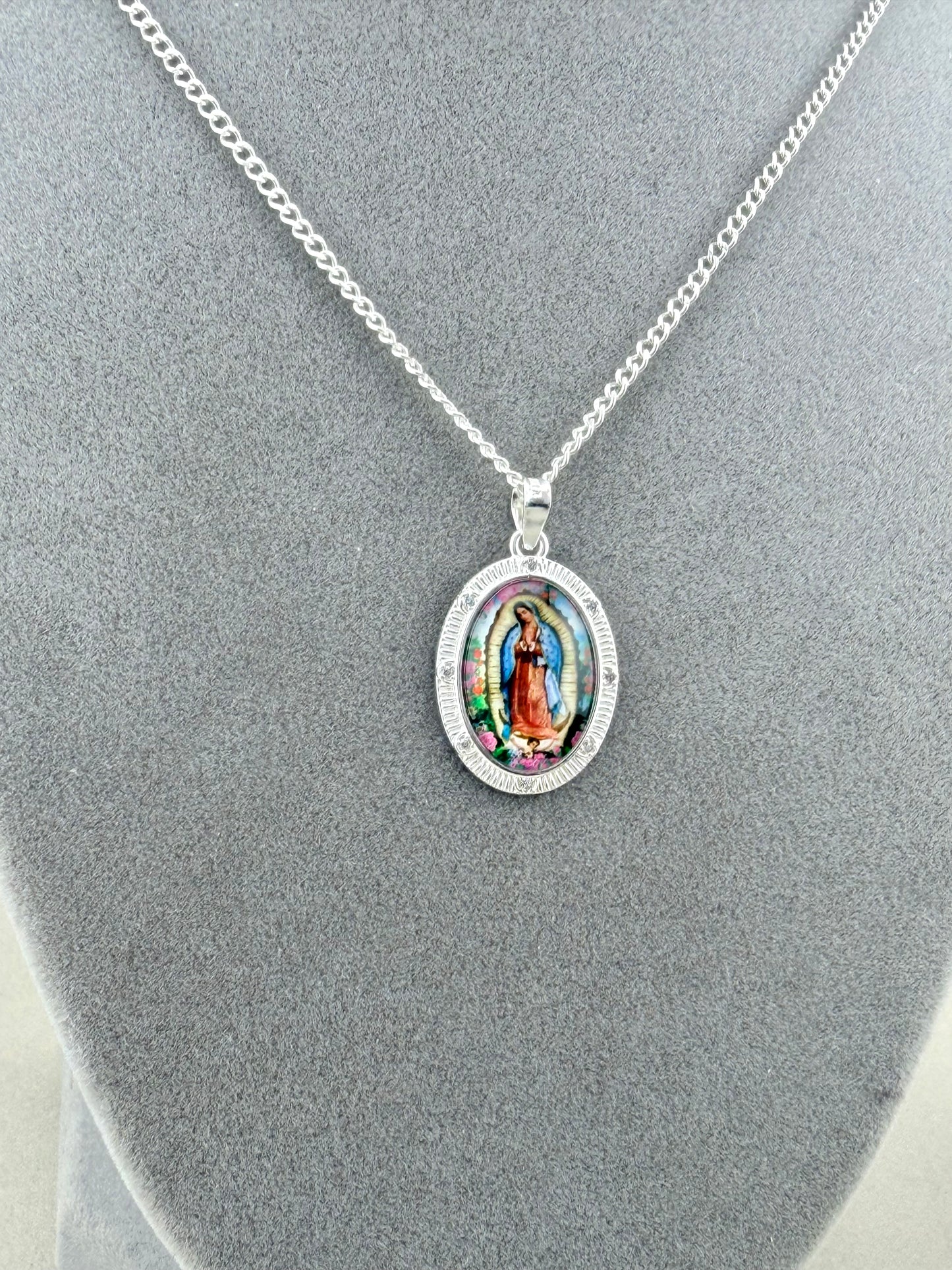 Virgin of Guadalupe Necklace in 925 Sterling Silver | Oval Guadalupe Medal Pendant with 20" 2mm Cuban Chain