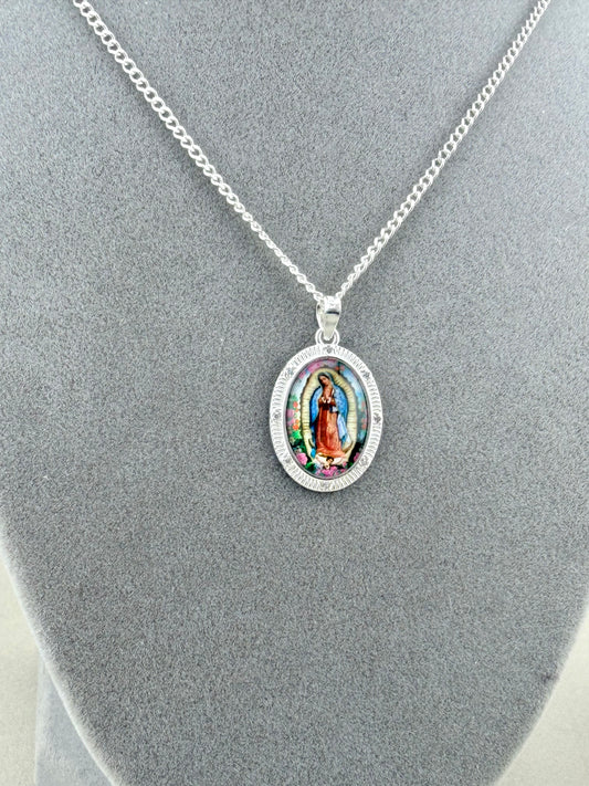 Virgin of Guadalupe Necklace in 925 Sterling Silver | Oval Guadalupe Medal Pendant with 20" 2mm Cuban Chain
