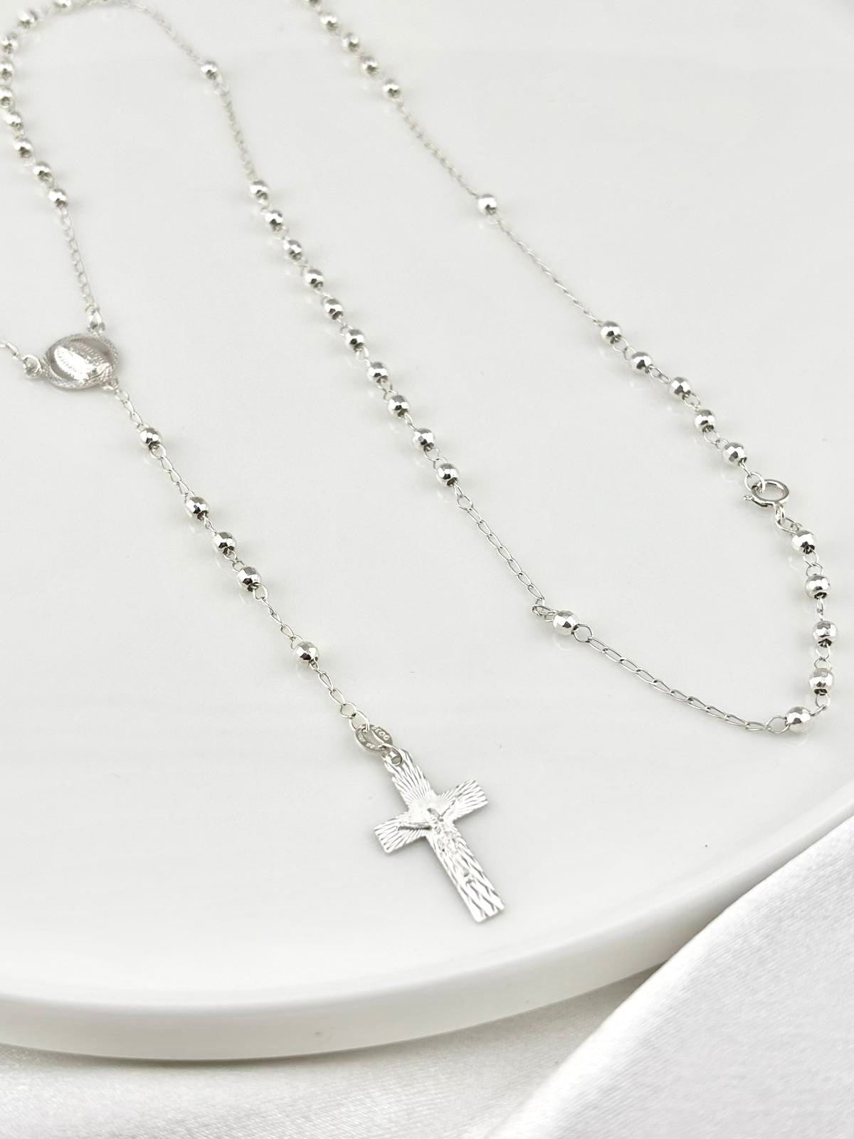 24" Sterling Silver Rosary Necklace with Virgin Mary & Crucifix | 3mm Beads