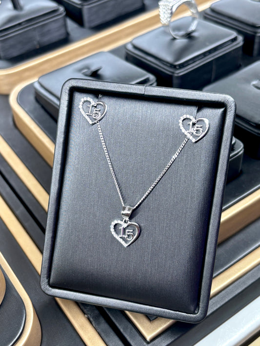 Quinceañera Jewelry Set Sterling Silver .925 – Necklace & Heart Earrings for Girls | Set de Joyería de Quinceañera Plata .925
