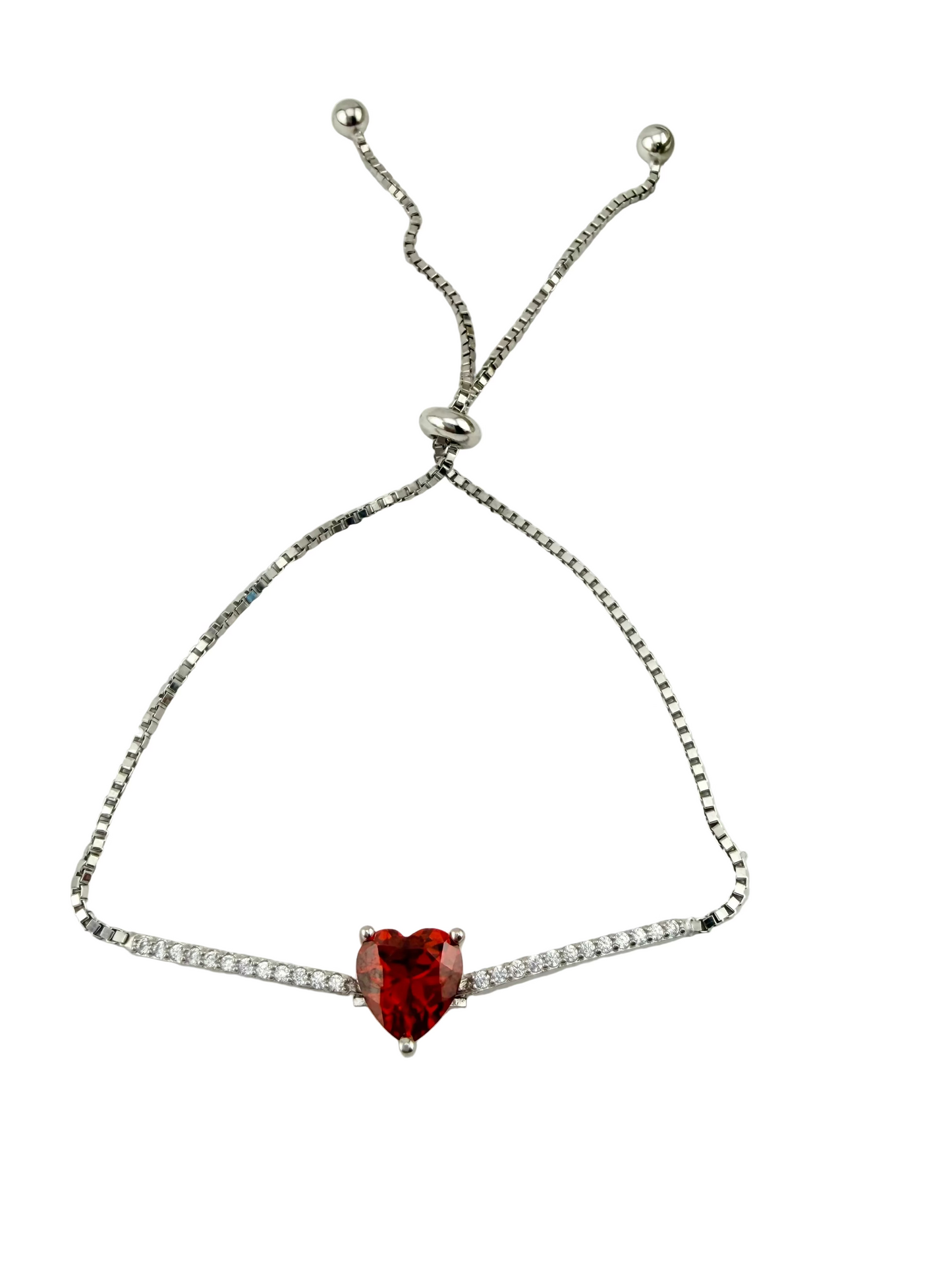 925 Sterling Silver Adjustable Heart Bracelet with Red CZ – Valentine’s Day Jewelry Gift