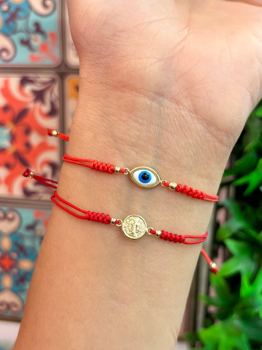 14K Solid Gold Red Cord Bracelet – Adjustable Protection Bracelet with Saint Benedict or Evil Eye