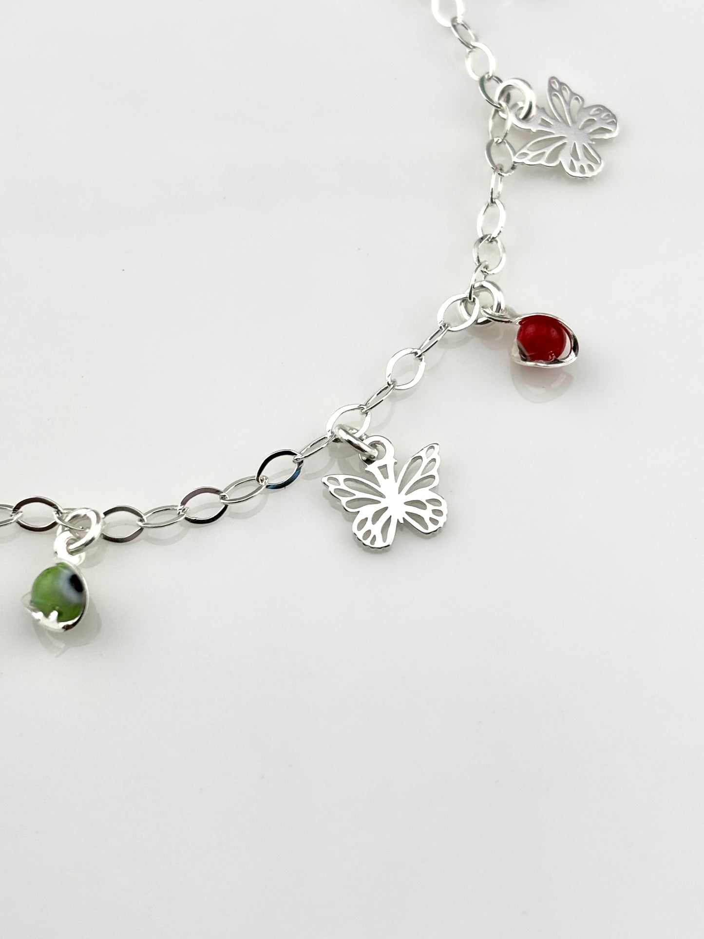 Sterling Silver 925 Butterfly Charm Bracelet with Colorful Beads – 7.5 Inch