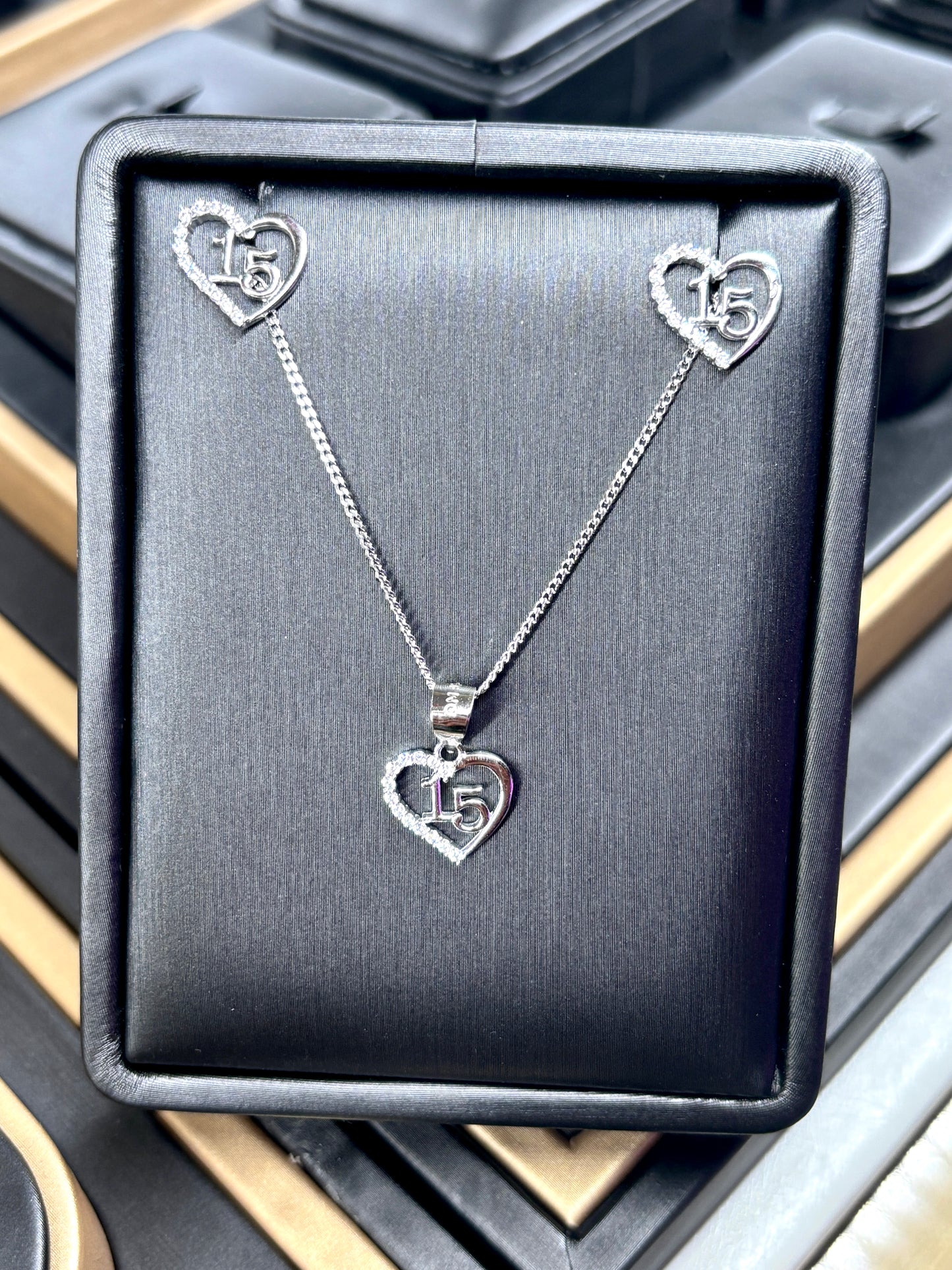 Quinceañera Jewelry Set Sterling Silver .925 – Necklace & Heart Earrings for Girls | Set de Joyería de Quinceañera Plata .925