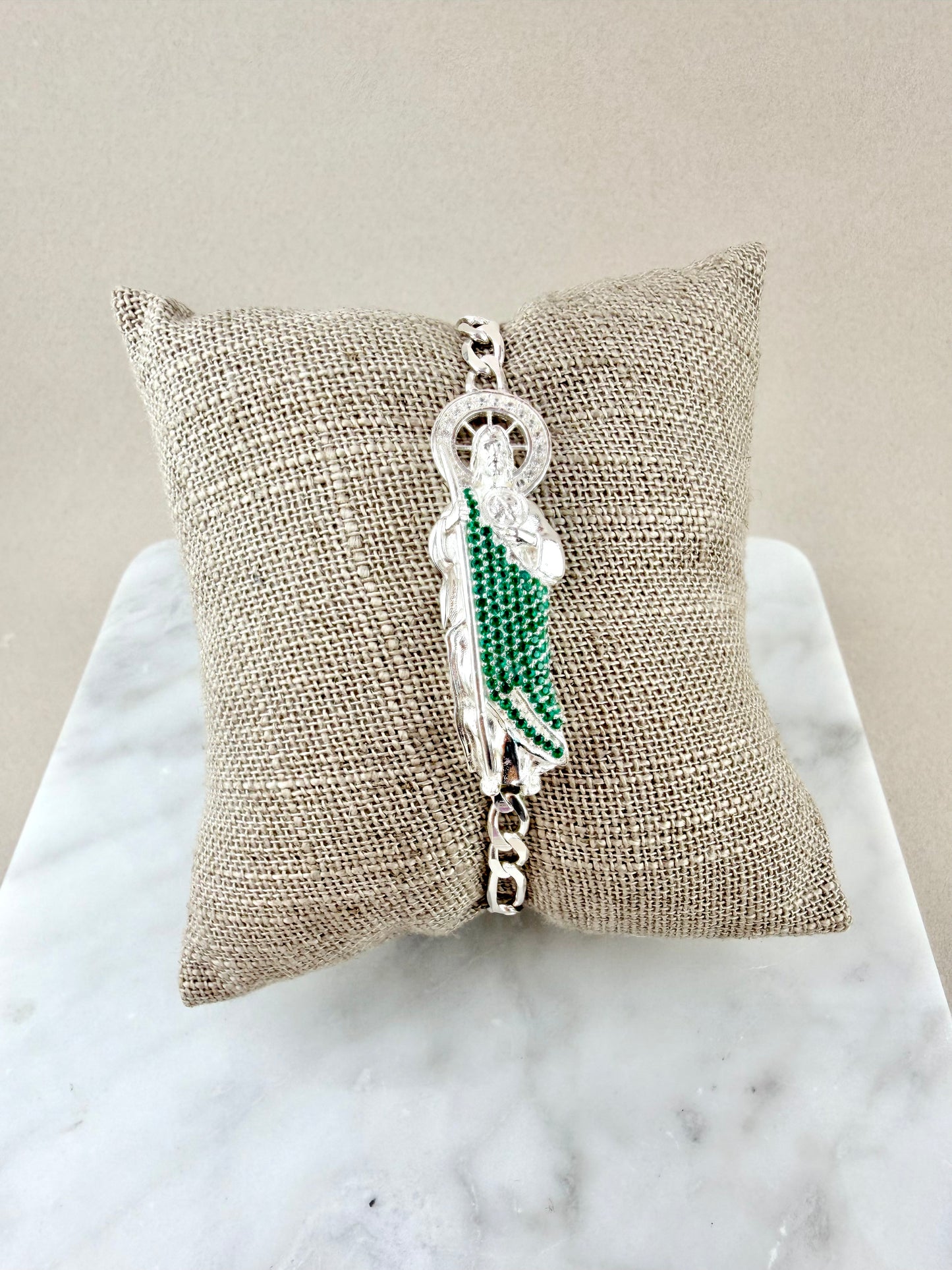 925 Sterling Silver Saint Jude Bracelet on 4 mm Figaro Chain 7”