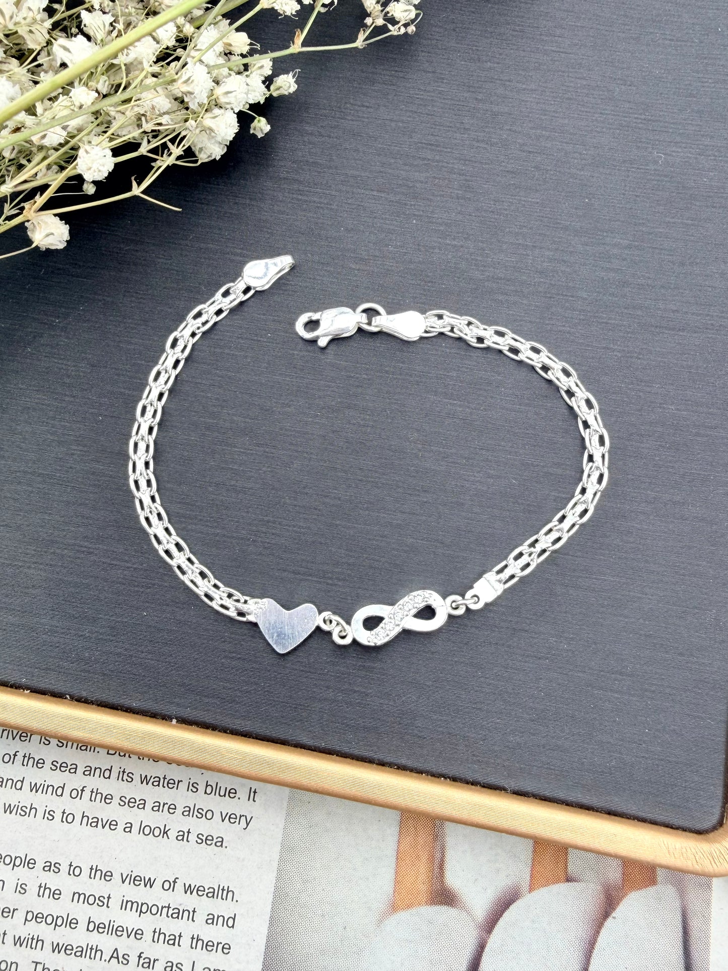 Sterling Silver 925 Infinity Heart Bracelet | Bismarck Chain 7.5” |Pulsera de plata .925