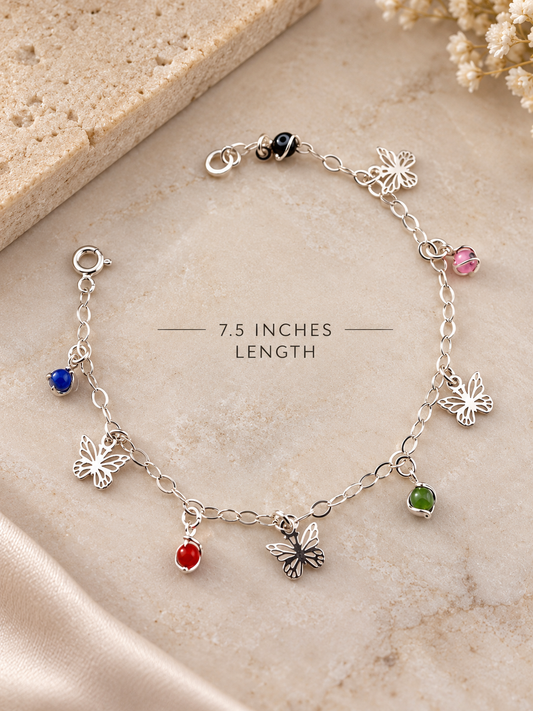Sterling Silver 925 Butterfly Charm Bracelet with Colorful Beads – 7.5 Inch