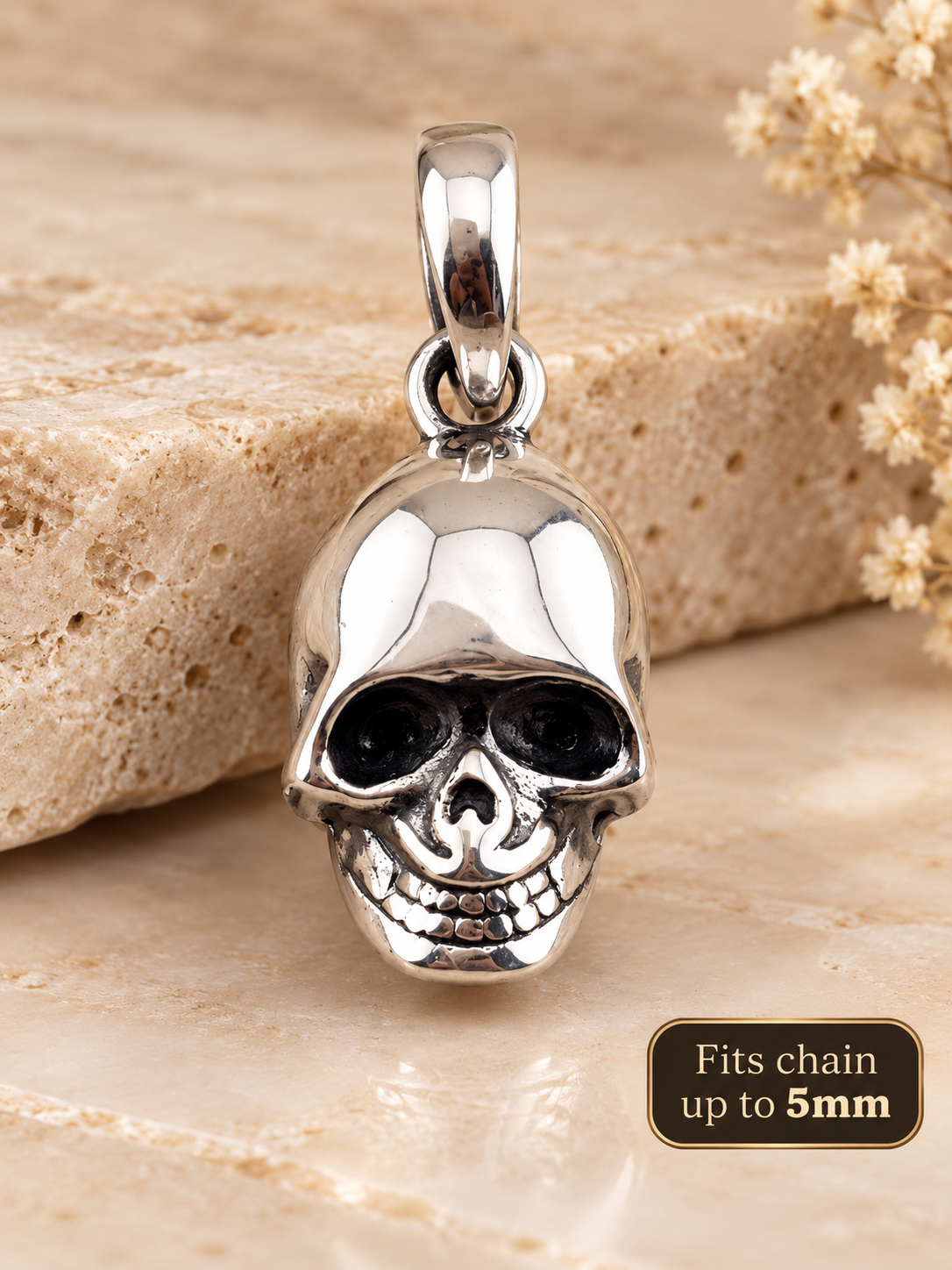 Sterling Silver 925 Skull Pendant, Gothic Biker Jewelry, Detailed Skull Charm, Unisex Silver Necklace Pendant, Fits Chain up to 5mm