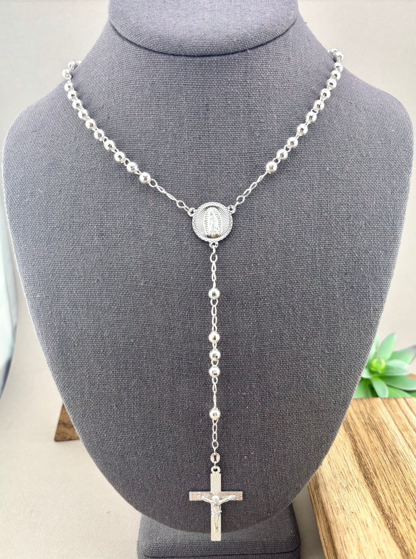925 Sterling Silver Rosary Necklace, 20 Inch, 5mm Beads, Virgin Mary & Crucifix