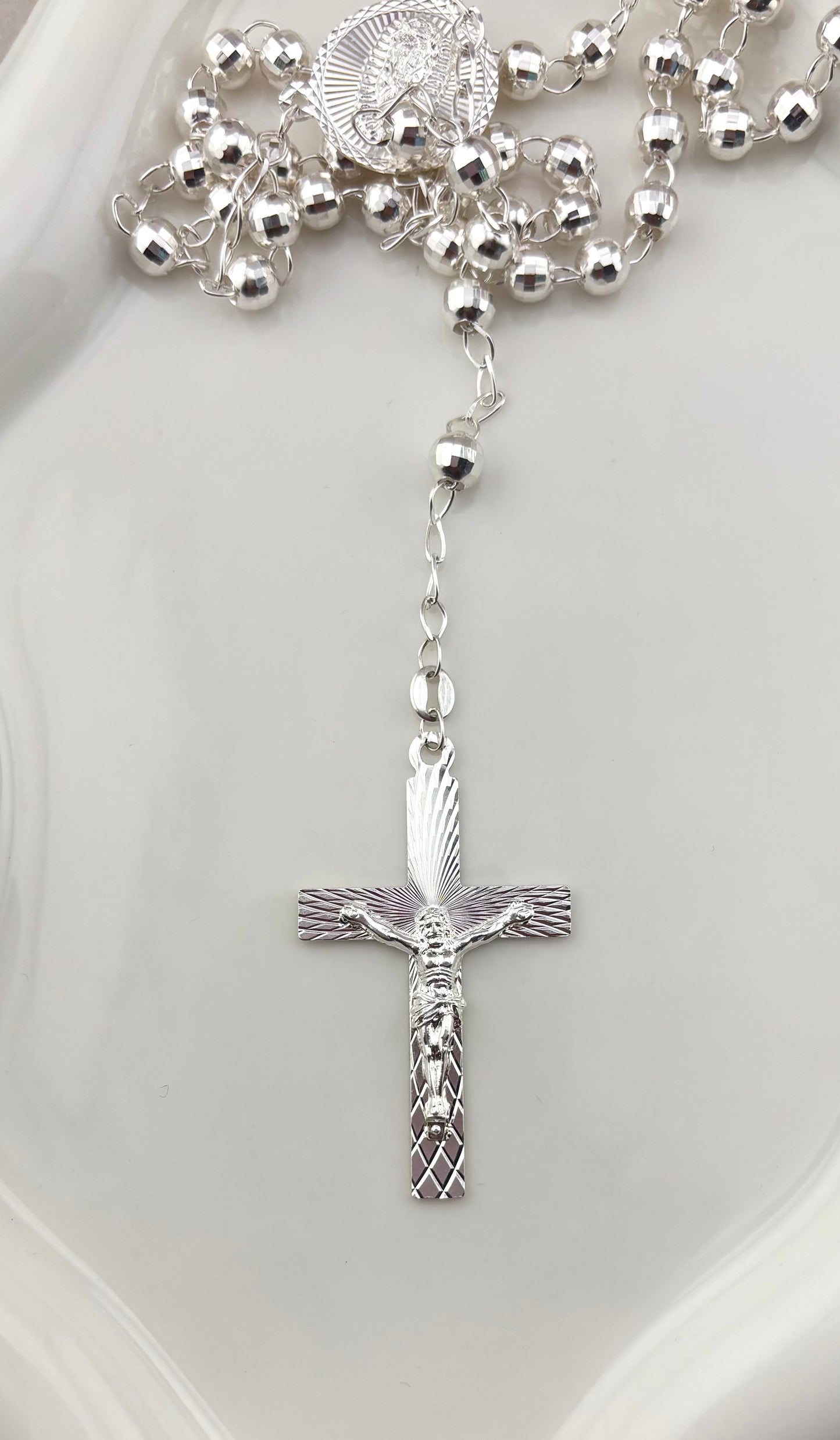925 Sterling Silver Rosary Necklace, 20 Inch, 5mm Beads, Virgin Mary & Crucifix