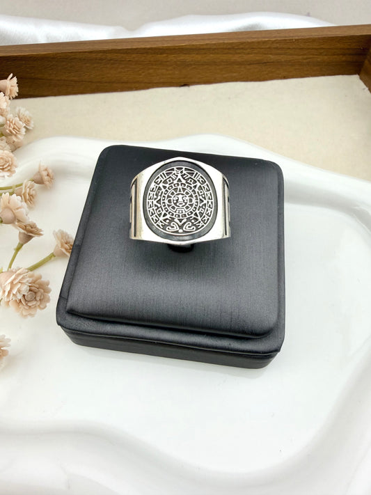 Men’s Aztec Calendar Ring – Sterling Silver 925 Mexican Sun Stone Signet Ring