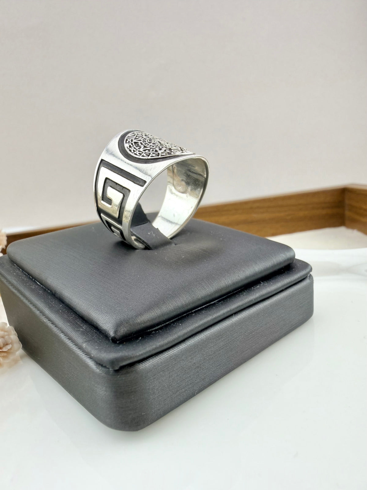 Men’s Aztec Calendar Ring – Sterling Silver 925 Mexican Sun Stone Signet Ring